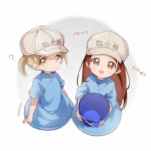 Anime picture 920x920 with hataraku saibou david production platelet (hataraku saibou) captain yue long hair looking at viewer short hair open mouth blonde hair brown hair white background twintails multiple girls brown eyes signed :d from above character names twitter username text