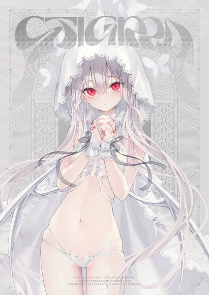 Anime picture 1000x1412 with original rurudo single long hair tall image looking at viewer fringe light erotic hair between eyes red eyes standing silver hair nail polish head tilt fingernails grey background arms up text skindentation flat chest