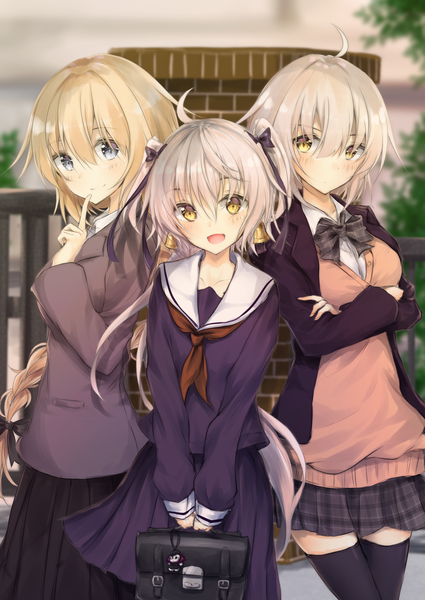 Anime picture 2508x3541 with fate (series) fate/grand order jeanne d'arc (fate) (all) jeanne d'arc alter (fate) jeanne d'arc alter santa lily (fate) uzuki tsukuyo long hair tall image blush fringe highres breasts open mouth blonde hair hair between eyes multiple girls holding yellow eyes silver hair ahoge