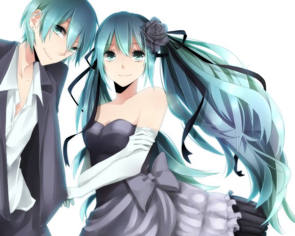 Anime picture 3000x2400 with vocaloid hatsune miku hatsune mikuo hinamu (artist) long hair highres short hair simple background white background twintails bare shoulders green eyes hair flower aqua hair couple girl dress boy gloves hair ornament