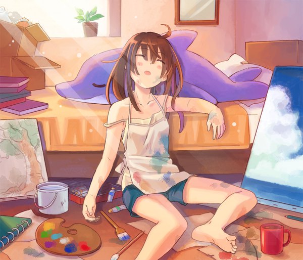 Anime picture 1167x1000 with original shati single long hair blush open mouth brown hair sitting ahoge eyes closed barefoot sunlight strap slip sleeping girl shorts bed apron toy stuffed animal