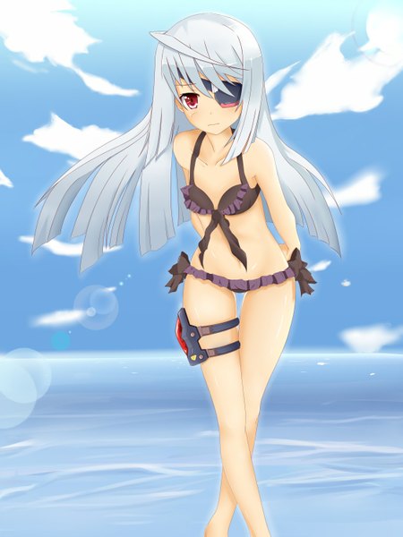 Anime picture 1120x1493 with infinite stratos 8bit laura bodewig shirasawa kazane single long hair tall image blush light erotic red eyes silver hair cloud (clouds) girl navel swimsuit bikini water sea black bikini eyepatch