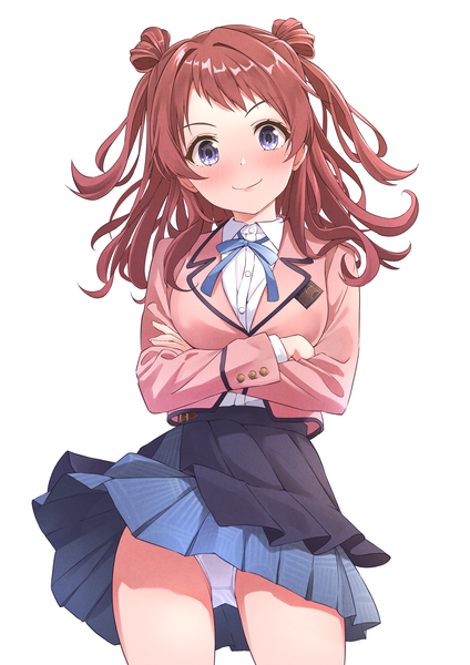 Anime picture 3035x4299 with idolmaster gakuen idolmaster hanami saki b1ack illust single long hair tall image looking at viewer blush highres light erotic simple background smile brown hair standing white background purple eyes absurdres pleated skirt two side up