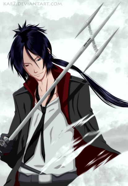 Anime picture 1700x2461 with katekyou hitman reborn rokudo mukuro aconst single long hair tall image blue eyes smile red eyes blue hair sky cloud (clouds) ponytail coloring smoke boy gloves weapon necktie pants