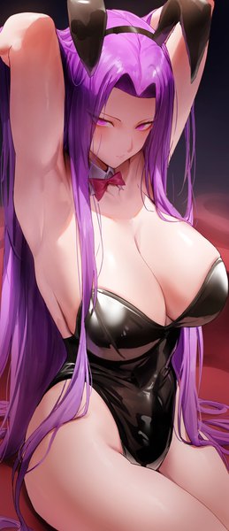 Anime-Bild 2894x6697 mit fate (series) fate/stay night rider rororo single tall image looking at viewer highres breasts light erotic simple background large breasts sitting purple eyes animal ears cleavage purple hair very long hair arms up armpit (armpits)