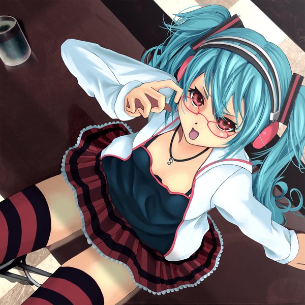 Anime picture 1800x1800 with vocaloid kocchi muite baby (vocaloid) hatsune miku coppelia (futamine) single long hair blush fringe highres open mouth red eyes sitting twintails aqua hair girl thighhighs skirt glasses jacket pendant