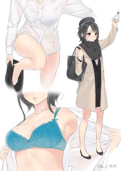 Anime picture 776x1100 with kantai collection takao heavy cruiser ama mitsuki tall image blush short hair light erotic black hair simple background red eyes standing white background holding signed looking away full body arm up bare legs dated undressing