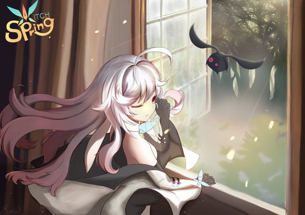 Anime picture 1754x1239 with witch springs eirudy ryuas single long hair fringe highres red eyes signed looking away ahoge white hair one eye closed wind copyright name logo girl gloves plant (plants) tree (trees)