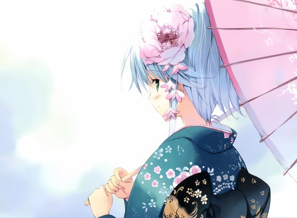 Anime picture 2427x1782 with soshite ashita no sekai yori mizumori minami ueda ryou single highres short hair green eyes silver hair traditional clothes japanese clothes looking back hair flower alternate hairstyle hair up girl hair ornament kimono umbrella