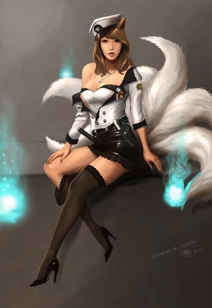 Anime picture 3000x4349 with league of legends ahri (league of legends) supullim single long hair tall image looking at viewer highres breasts simple background brown hair animal ears tail lips black eyes facial mark fox girl multiple tails whisker markings girl