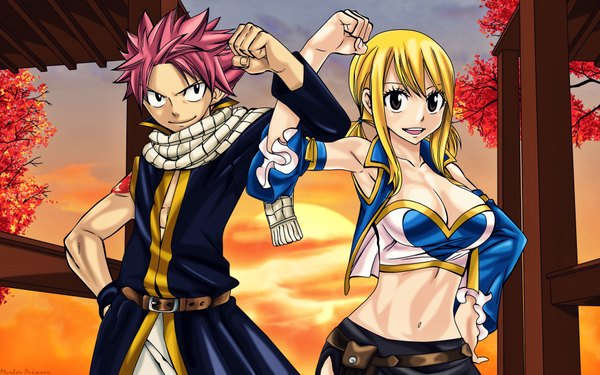 Anime picture 1920x1200 with fairy tail lucy heartfilia natsu dragneel long hair highres short hair open mouth blonde hair smile wide image twintails brown eyes pink hair sky cloud (clouds) black eyes midriff tattoo sleeveless hand on hip