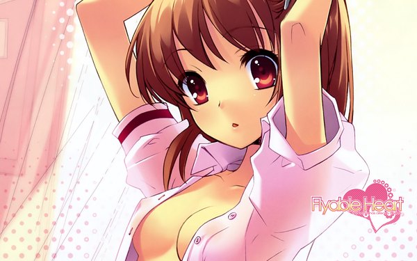 Anime picture 1920x1200 with flyable heart inaba yui itou noiji single highres short hair light erotic red eyes brown hair wide image upper body open clothes no bra arms up open shirt copyright name girl