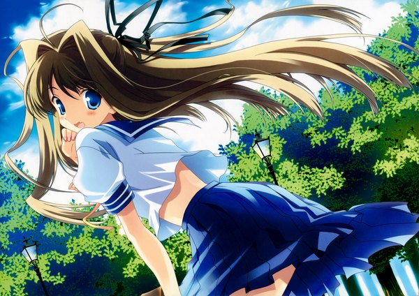 Anime picture 6998x4947 with original sunshine creation 10th anniversary 2009 calendar naruse hirofumi single long hair looking at viewer blush fringe highres open mouth blue eyes brown hair standing sky cloud (clouds) outdoors pleated skirt looking back wind scan