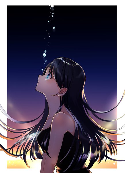 Anime picture 4961x6844 with original nanaponi single long hair tall image highres blue eyes black hair bare shoulders absurdres upper body profile sunlight night night sky sleeveless tears floating hair border looking up