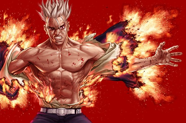 Anime picture 1024x682 with sun-ken rock kitano ken single short hair red eyes white hair grin piercing torn clothes muscle boy earrings belt fire jeans