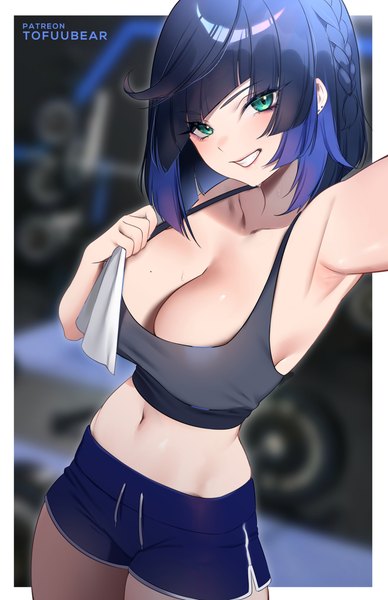 Anime picture 3850x5950 with genshin impact yelan (genshin impact) tofuubear single tall image looking at viewer blush fringe highres short hair breasts light erotic smile large breasts standing bare shoulders green eyes signed blue hair absurdres