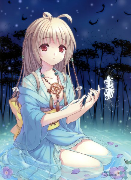 Anime picture 1200x1650 with original cuteg single long hair tall image looking at viewer light erotic blonde hair red eyes holding braid (braids) traditional clothes japanese clothes night wet twin braids kneeling girl flower (flowers) miniskirt