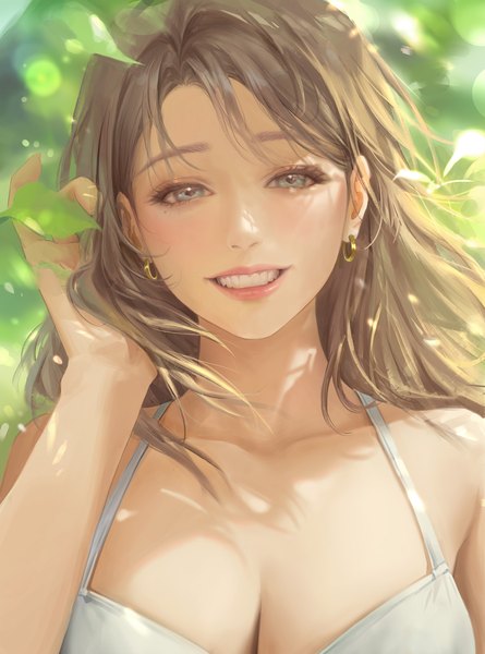 Anime picture 1500x2023 with original bangsom single long hair tall image looking at viewer fringe breasts blue eyes smile brown hair bare shoulders upper body arm up wind realistic teeth adjusting hair portrait girl