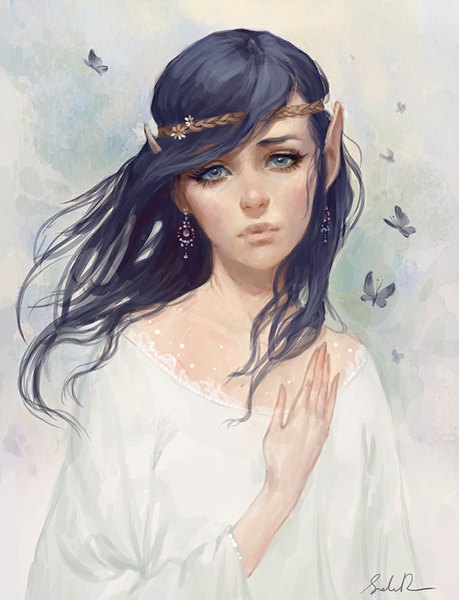 Anime picture 700x914 with original selenada single long hair tall image looking at viewer simple background blue hair head tilt hair flower pointy ears realistic grey eyes hand on chest elf sad girl flower (flowers) earrings shirt