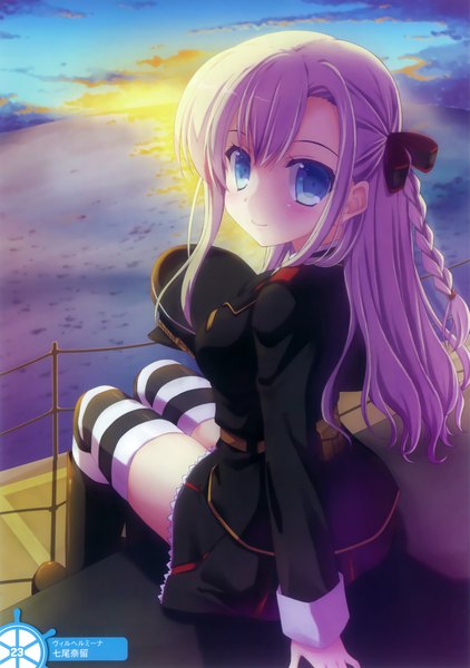 Anime picture 2700x3840 with high school fleet wilhelmina braunschweig ingenohl friedeburg nanao naru single long hair tall image looking at viewer blush highres blue eyes blonde hair smile sitting braid (braids) scan official art girl boots peaked cap