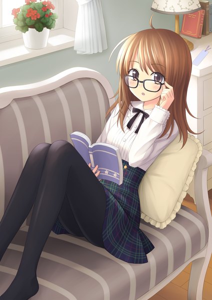 Anime picture 1753x2480 with original chrono (pixiv) single long hair tall image blush highres brown hair brown eyes ahoge girl skirt flower (flowers) miniskirt glasses pillow book (books) couch