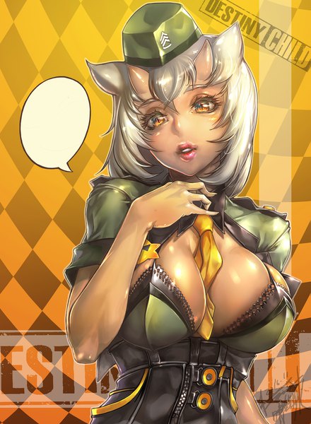 Anime picture 1319x1800 with destiny child mona (destiny child) jay b lee single tall image looking at viewer blush fringe short hair breasts light erotic simple background hair between eyes large breasts animal ears yellow eyes cleavage silver hair parted lips horn (horns)