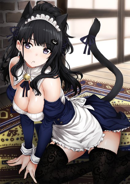 Anime picture 847x1200 with idolmaster idolmaster shiny colors kazano hiori angelo (gomahangetsu) single long hair tall image looking at viewer blush fringe breasts blue eyes light erotic black hair large breasts sitting animal ears payot cleavage indoors