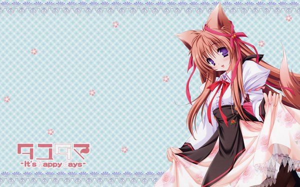 Anime picture 1920x1200 with tayutama lump of sugar mito mashiro moekibara fumitake single long hair looking at viewer blush highres open mouth brown hair wide image purple eyes animal ears wallpaper copyright name fox ears kitsune girl ribbon (ribbons)