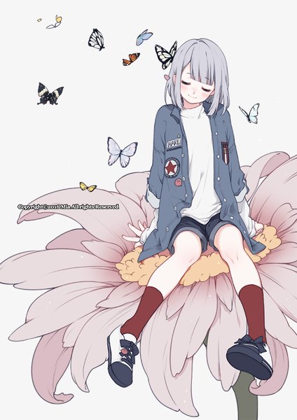 Anime picture 650x919 with original mia0309 single tall image blush fringe short hair simple background smile white background full body blunt bangs eyes closed grey hair arm support watermark girl flower (flowers) socks shoes