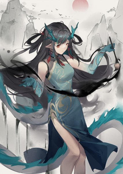 Anime picture 1860x2631 with arknights dusk (arknights) dusk (everything is a miracle) (arknights) woodylixx single long hair tall image highres black hair red eyes looking away traditional clothes horn (horns) pointy ears official alternate costume chinese clothes girl earrings chinese dress paintbrush
