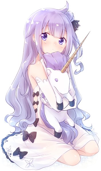 Anime picture 2586x4392 with azur lane unicorn (azur lane) nyaa (nnekoron) single long hair tall image looking at viewer blush highres simple background white background sitting purple eyes purple hair ahoge one side up girl dress gloves bow
