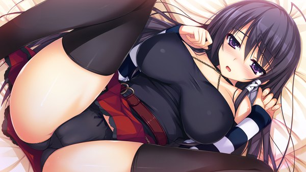 Anime picture 2560x1440 with reminiscence mizuno rin tomose shunsaku single long hair blush highres breasts open mouth light erotic black hair wide image large breasts purple eyes bare shoulders game cg spread legs cameltoe girl thighhighs