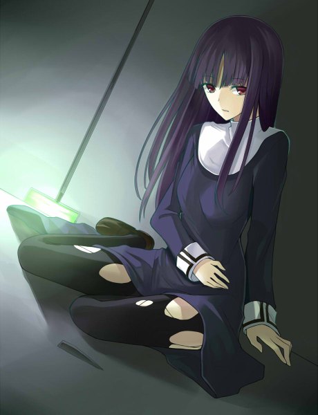 Anime picture 921x1200 with kara no kyoukai type-moon asagami fujino kauto single long hair tall image looking at viewer blush open mouth red eyes sitting purple hair dutch angle torn clothes light yokozuwari torn pantyhose girl uniform