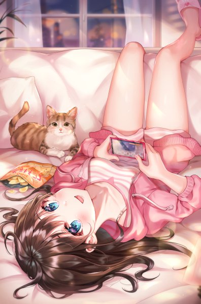 Anime picture 3273x4960 with original tokkyu single long hair tall image looking at viewer blush fringe highres breasts open mouth blue eyes smile brown hair holding absurdres indoors lying :d looking back
