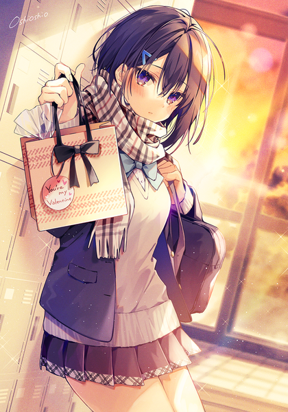 Anime picture 1000x1429 with original oshio (dayo) single tall image looking at viewer blush fringe short hair black hair hair between eyes purple eyes signed indoors pleated skirt sparkle valentine girl skirt uniform school uniform