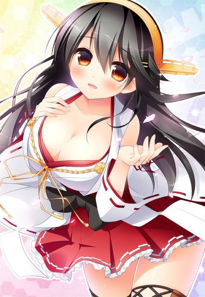 Anime picture 600x866 with kantai collection haruna battleship sasai saji single long hair tall image blush light erotic black hair smile traditional clothes parted lips orange eyes nontraditional miko girl thighhighs hair ornament bow ribbon (ribbons) black thighhighs