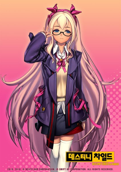 Anime picture 849x1200 with destiny child rheez (artist) single tall image looking at viewer blue eyes blonde hair very long hair open jacket girl thighhighs uniform school uniform white thighhighs glasses jacket headband