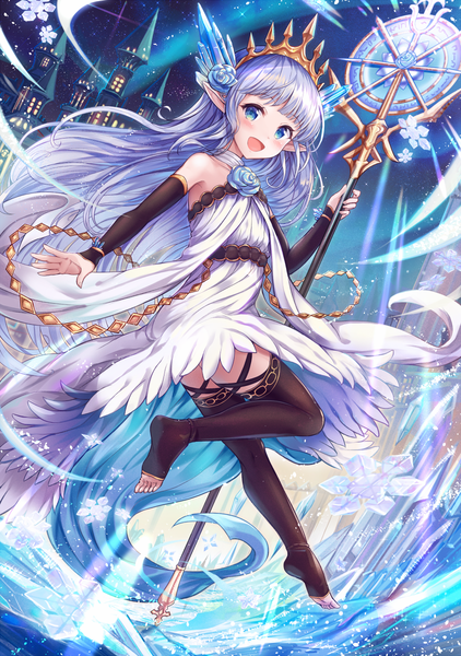 Anime picture 844x1200 with granblue fantasy lily (granblue fantasy) sakura ani single long hair tall image looking at viewer blush fringe open mouth blue eyes bare shoulders purple hair full body bent knee (knees) long sleeves hair flower pointy ears night sparkle
