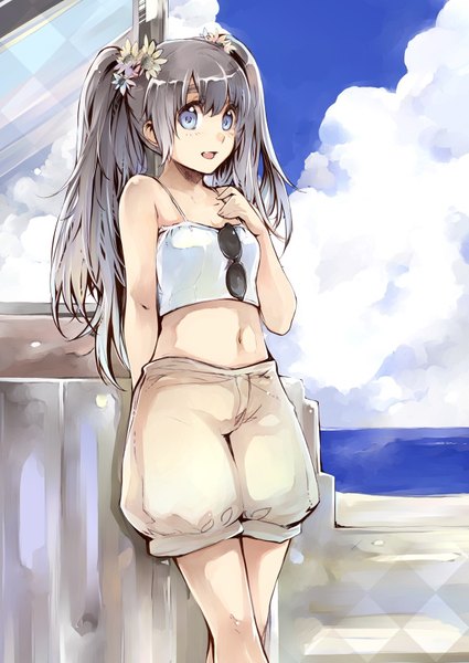Anime picture 1158x1635 with original fujishima (artist) long hair tall image open mouth blue eyes black hair twintails bare shoulders cloud (clouds) hair flower sunglasses removed girl navel hair ornament shorts sunglasses