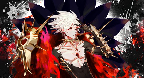 Anime picture 3630x1986 with fate (series) fate/grand order karna (fate) daeraeband single looking at viewer highres short hair blue eyes wide image upper body white hair glowing glowing eye (eyes) spiked hair boy necklace spikes