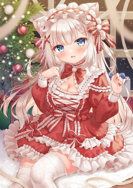 Anime picture 1419x2007 with original shiono (0303) single long hair tall image looking at viewer breasts open mouth blue eyes sitting animal ears cleavage white hair long sleeves nail polish cat ears puffy sleeves christmas lolita fashion girl