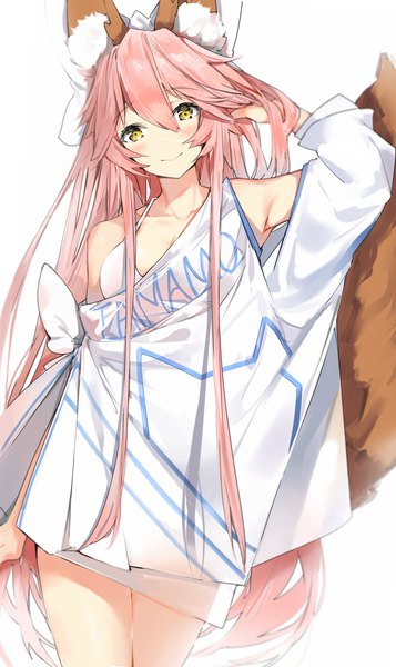 Anime picture 1280x2150 with fate (series) fate/extra tamamo (fate) (all) tamamo no mae (fate) silver (chenwen) single long hair tall image looking at viewer blush fringe breasts light erotic simple background smile hair between eyes standing white background bare shoulders animal ears