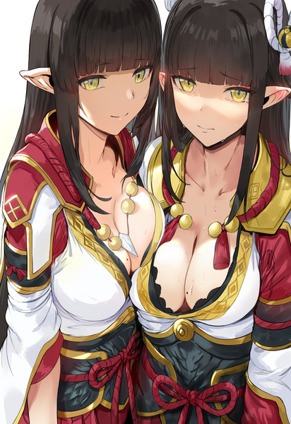 Anime picture 3612x5262 with monster hunter monster hunter rise hinoa minoto hews long hair tall image looking at viewer blush fringe highres breasts light erotic black hair simple background smile large breasts standing white background multiple girls