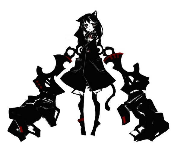 Anime picture 1051x900 with original kiku (kicdoc) single long hair black hair simple background white background animal ears tail animal tail black eyes cat ears cat tail pale skin :< mechanical arms mechanical parts girl dress ribbon (ribbons)