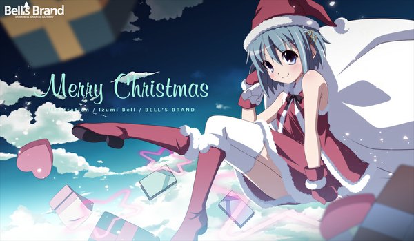 Anime picture 1024x597 with mahou shoujo madoka magica shaft (studio) miki sayaka izumi bell blush short hair blue eyes smile wide image blue hair cloud (clouds) fur trim christmas girl thighhighs gloves white thighhighs boots fur gift