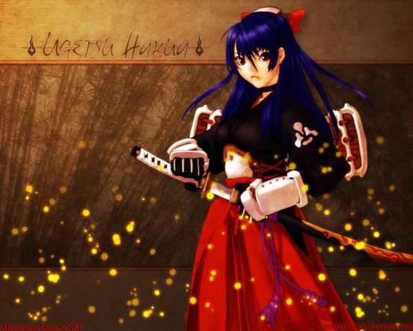 Anime picture 1280x1024 with hakua ugetsu james hildenbrand (redxxii) single long hair looking at viewer fringe hair between eyes red eyes signed payot blue hair bare belly third-party edit unsheathing samurai girl navel hair ornament weapon sword