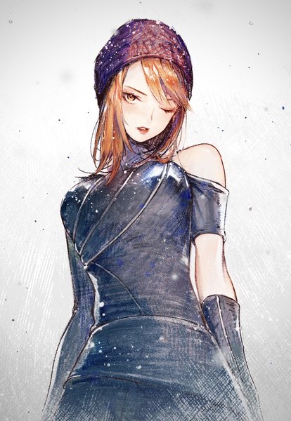 Anime-Bild 829x1201 mit detroit: become human north (detroit) awarin single long hair tall image looking at viewer simple background bare shoulders one eye closed orange hair grey background orange eyes lipstick red lipstick girl cap