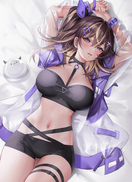 Anime picture 3591x4956 with original chomong single long hair tall image looking at viewer blush fringe highres breasts open mouth light erotic hair between eyes brown hair large breasts purple eyes absurdres lying multicolored hair from above