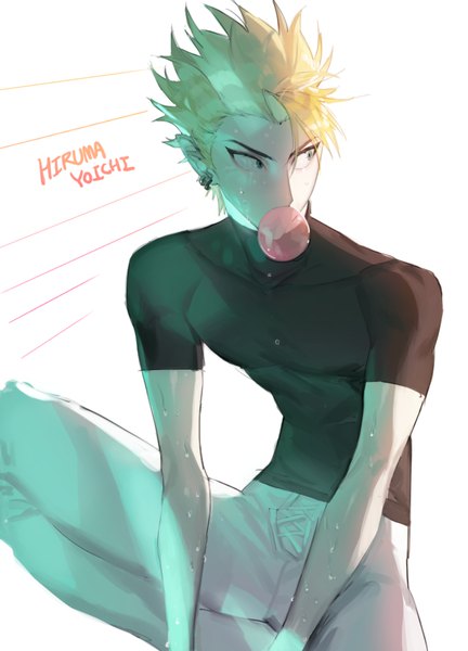 Anime picture 686x952 with eyeshield 21 production i.g hiruma youichi killdo single tall image short hair simple background blonde hair white background sitting looking away pointy ears sweat character names piercing ear piercing spiked hair indian style bubble blowing