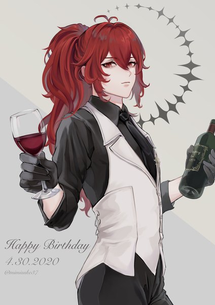 Anime picture 2480x3508 with genshin impact diluc ragnvindr mimisuke37 single long hair tall image looking at viewer fringe highres hair between eyes red eyes ahoge ponytail red hair dated happy birthday boy gloves shirt black gloves